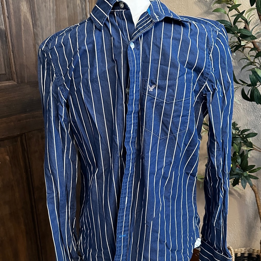 Premium Vtg Fit American Eagle Outfitters, Blue White Stripe Lg Sleeve Shirt M